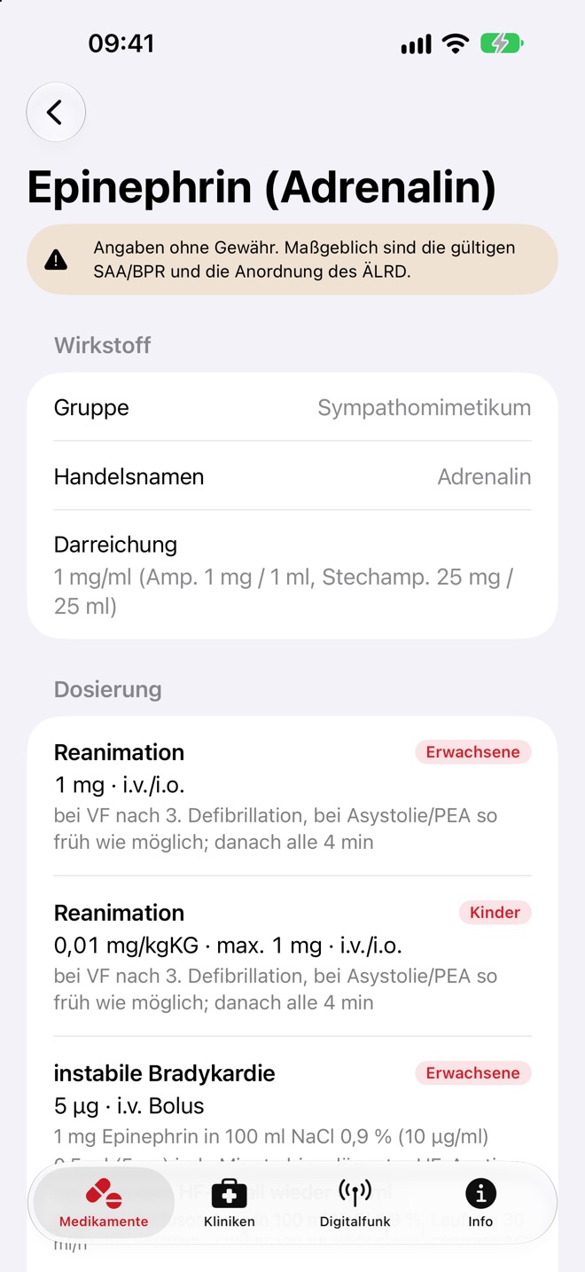 Epinephrin in der App: Wirkstoffgruppe, Darreichung und Dosierungen für Erwachsene und Kinder